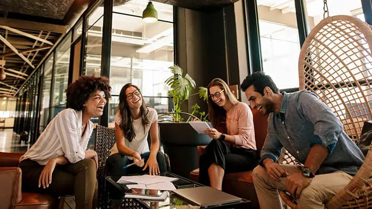 Careers, business team working on new project and smiling