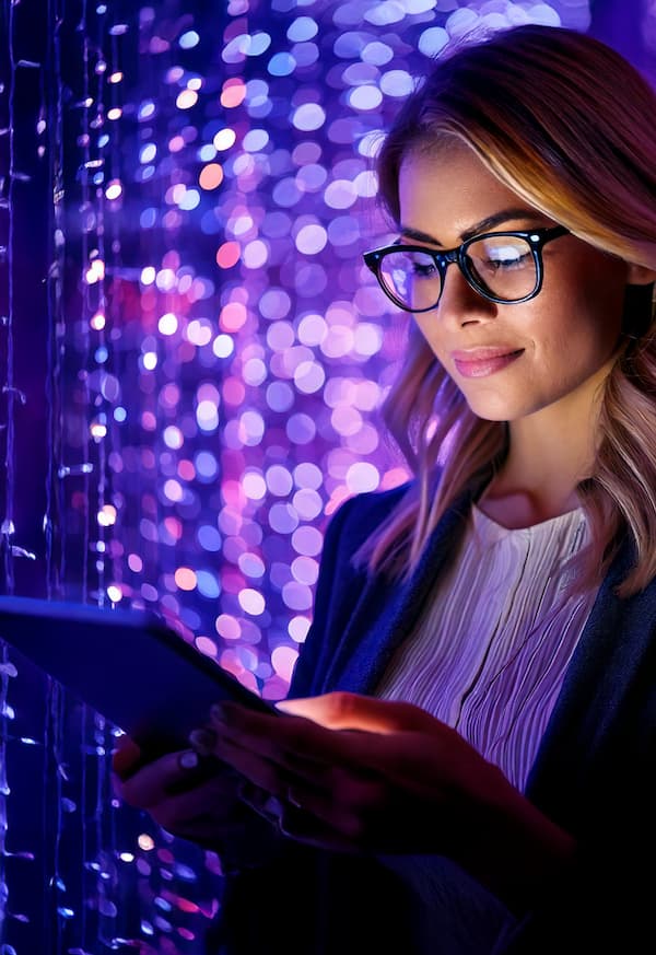 9X16 Firefly Close Up Of A Women Wearing Glasses Reading An I Pad Infront Of A Wall Of Purple Led Lights 1