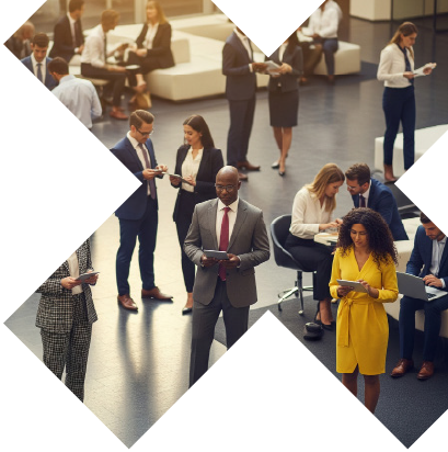 People Stood In An Atrium On Devices